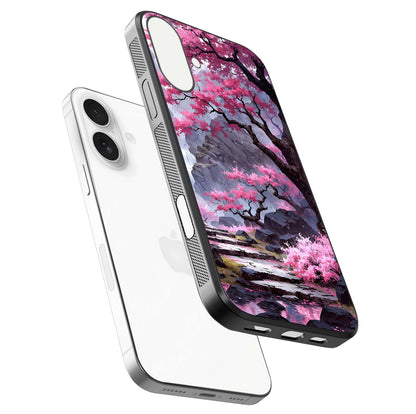 Pinkish Scenery Glass Case for iPhone 17 floating dual-view mockup displaying gloss shine and artistic tone