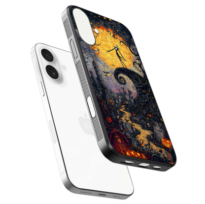 Pumpkin Moon Night Glass Case for iPhone 17 floating dual-view mockup showing HD gloss and spooky detail