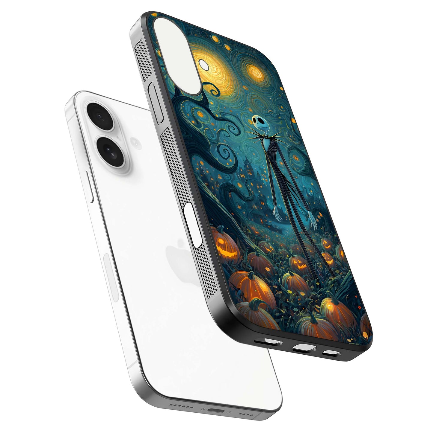 Pumpkin Moonlight Tale Glass Case for iPhone 17 floating dual-view mockup showing HD gloss and eerie design