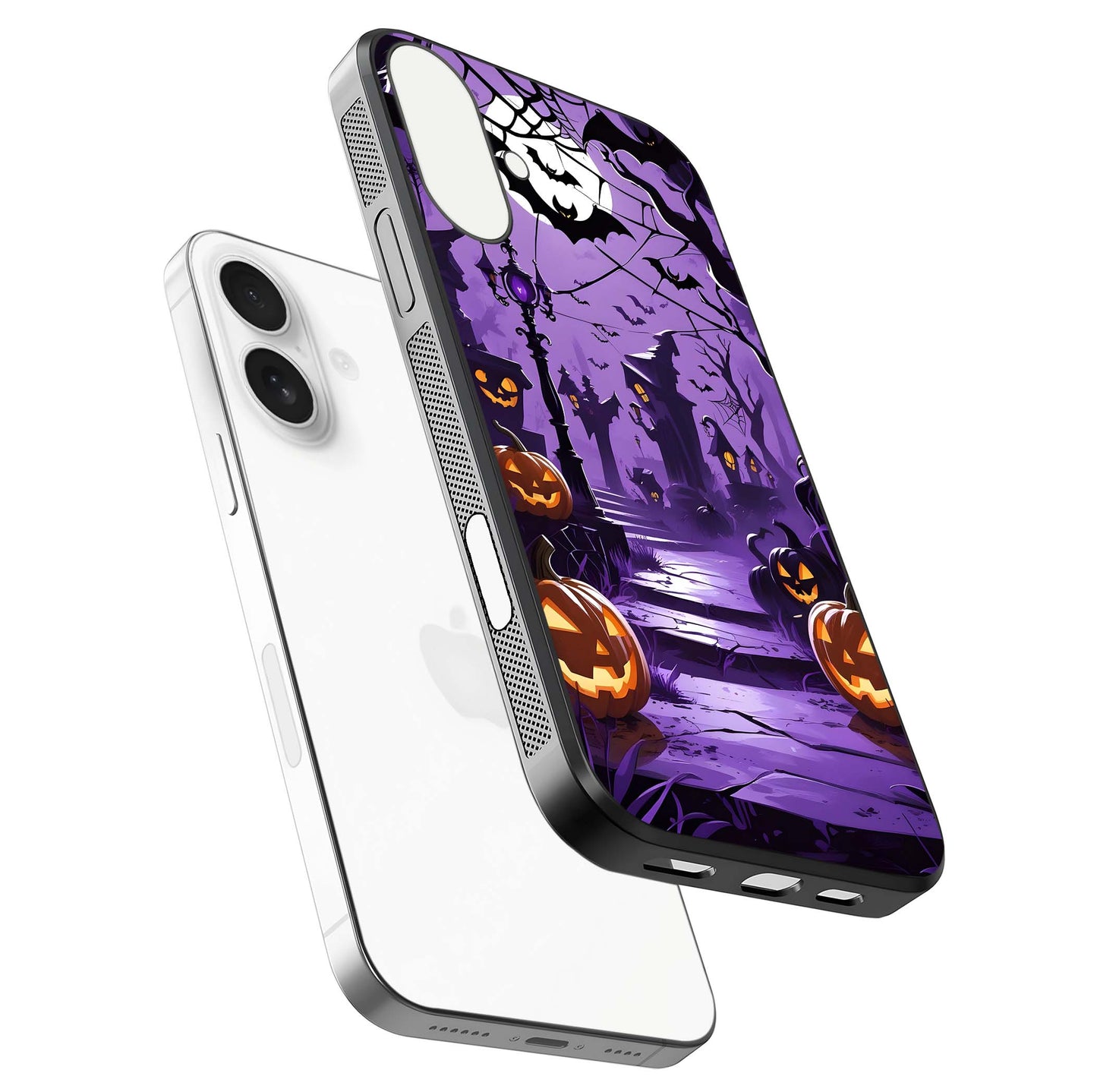 Pumpkin Patch Halloween Glass Case for iPhone 17 floating dual-view mockup displaying gloss and dark tone