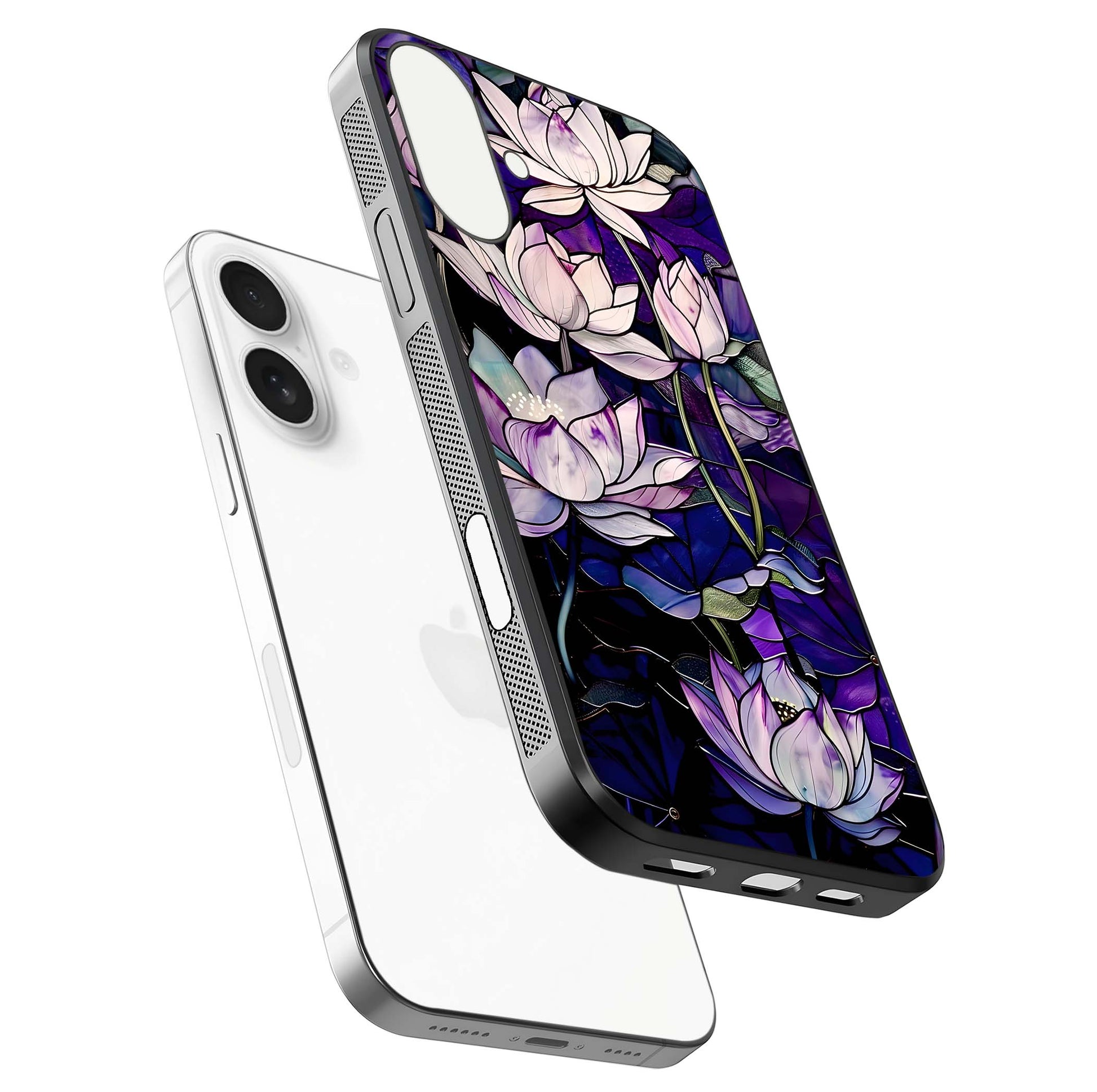 Purple Lotus Pattern Glass Case for iPhone 17 floating dual-view mockup showing glass shine and vivid purple hue