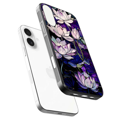 Purple Lotus Pattern Glass Case for iPhone 17 floating dual-view mockup showing glass shine and vivid purple hue