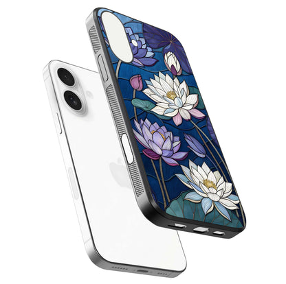 Purple Lotus Stained Glass Case for iPhone 17 floating dual-view mockup displaying color depth and glass clarity