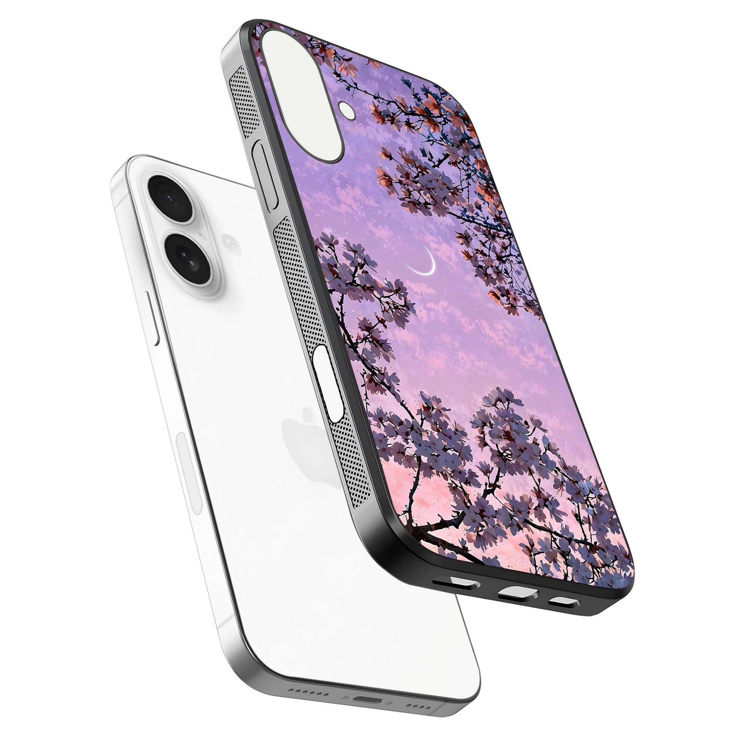 Purple Serenity Moon Glass Case for iPhone 17 floating dual-view mockup showing gloss and cosmic detail