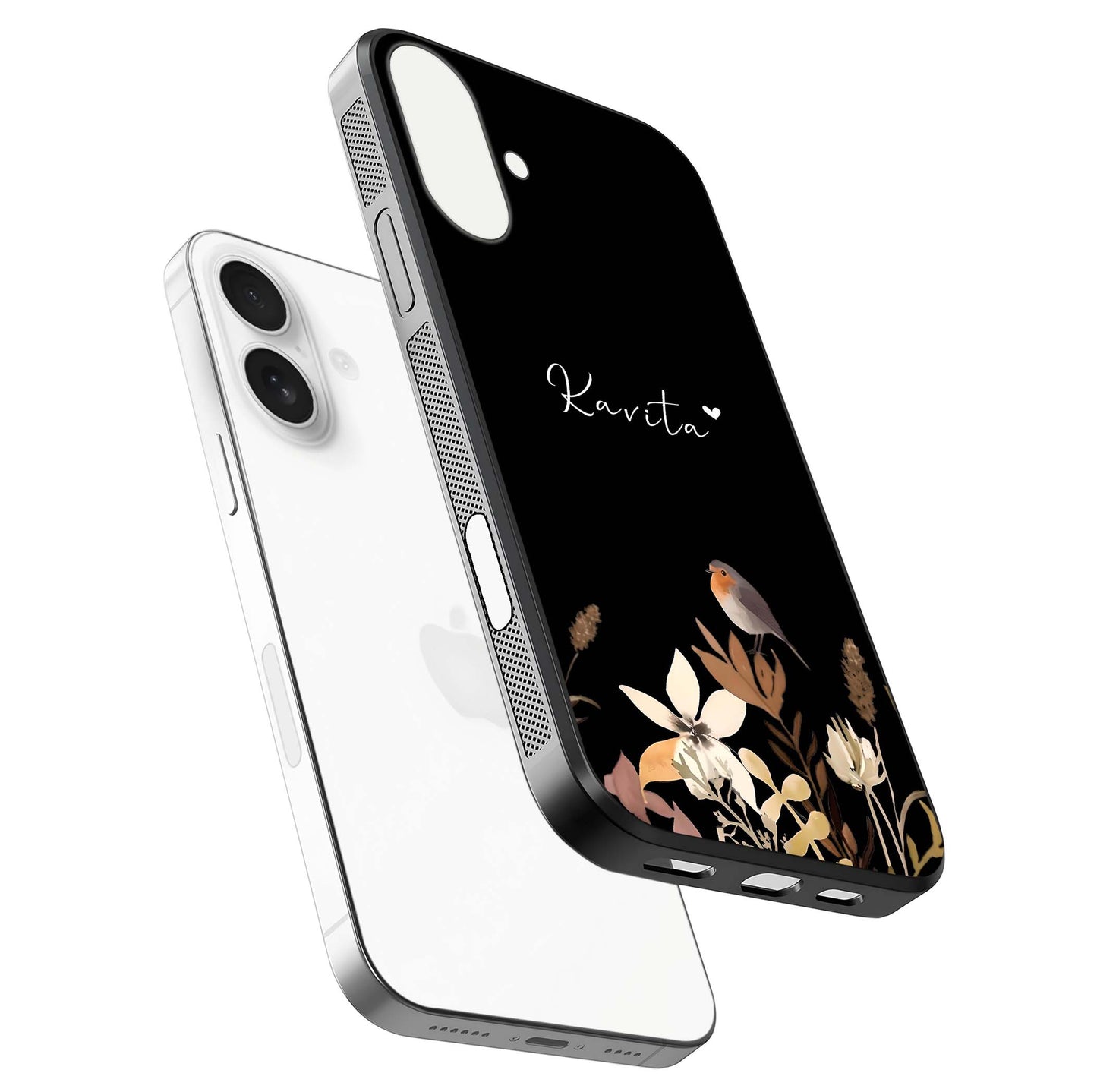 Quiet Garden Tune Custom Name Glass Case for iPhone 17 floating dual-view mockup showing gloss and elegant detail