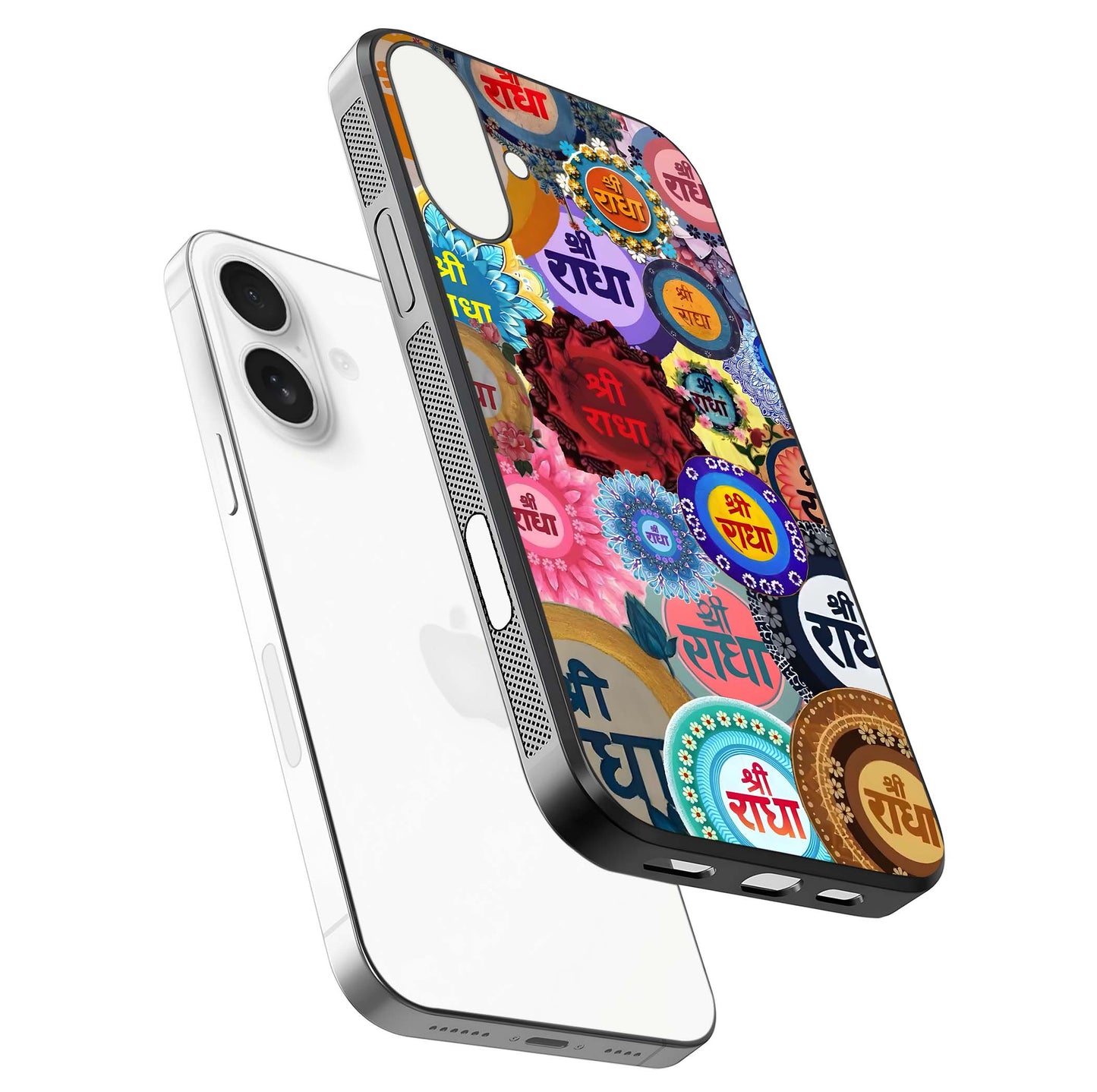 Radha Divine Bloom Glass Case for iPhone 17 floating dual-view mockup showing gloss depth and HD art