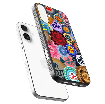 Radha Divine Bloom Glass Case for iPhone 17 floating dual-view mockup showing gloss depth and HD art