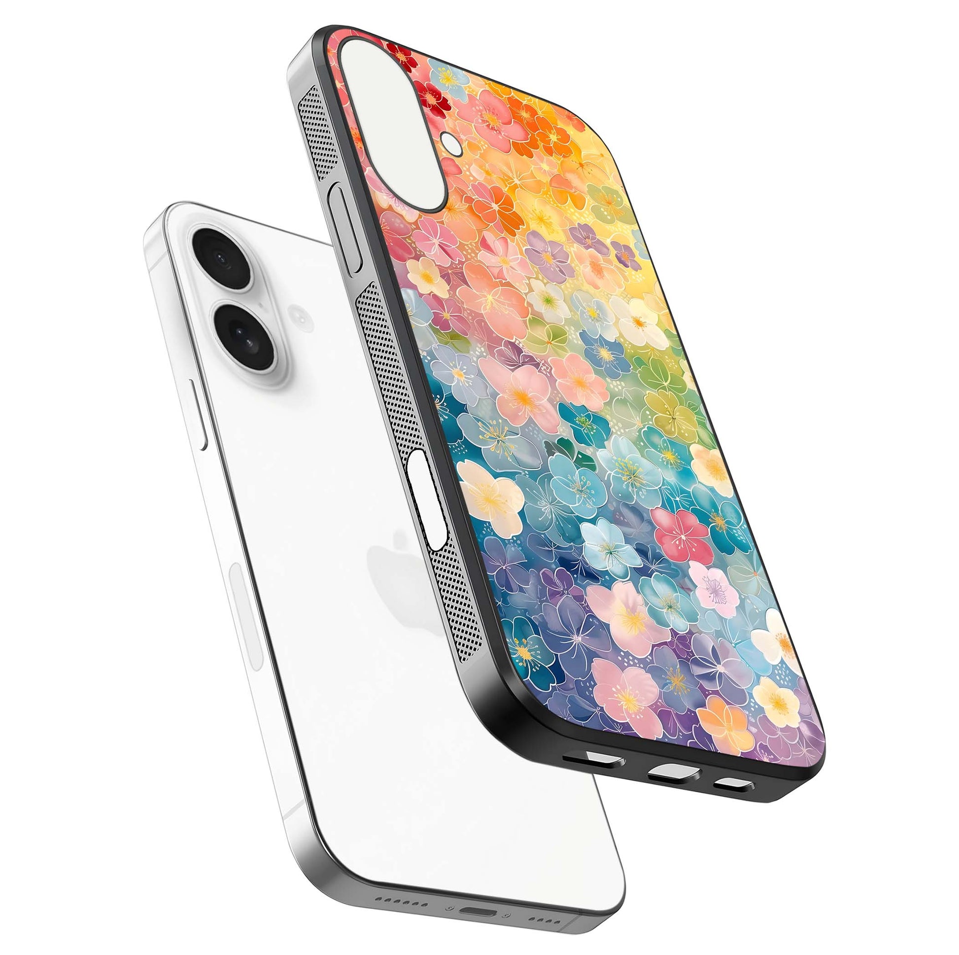 Rainbow Blossom Burst Glass Case for iPhone 17 floating dual-view mockup displaying gloss and gradient pattern