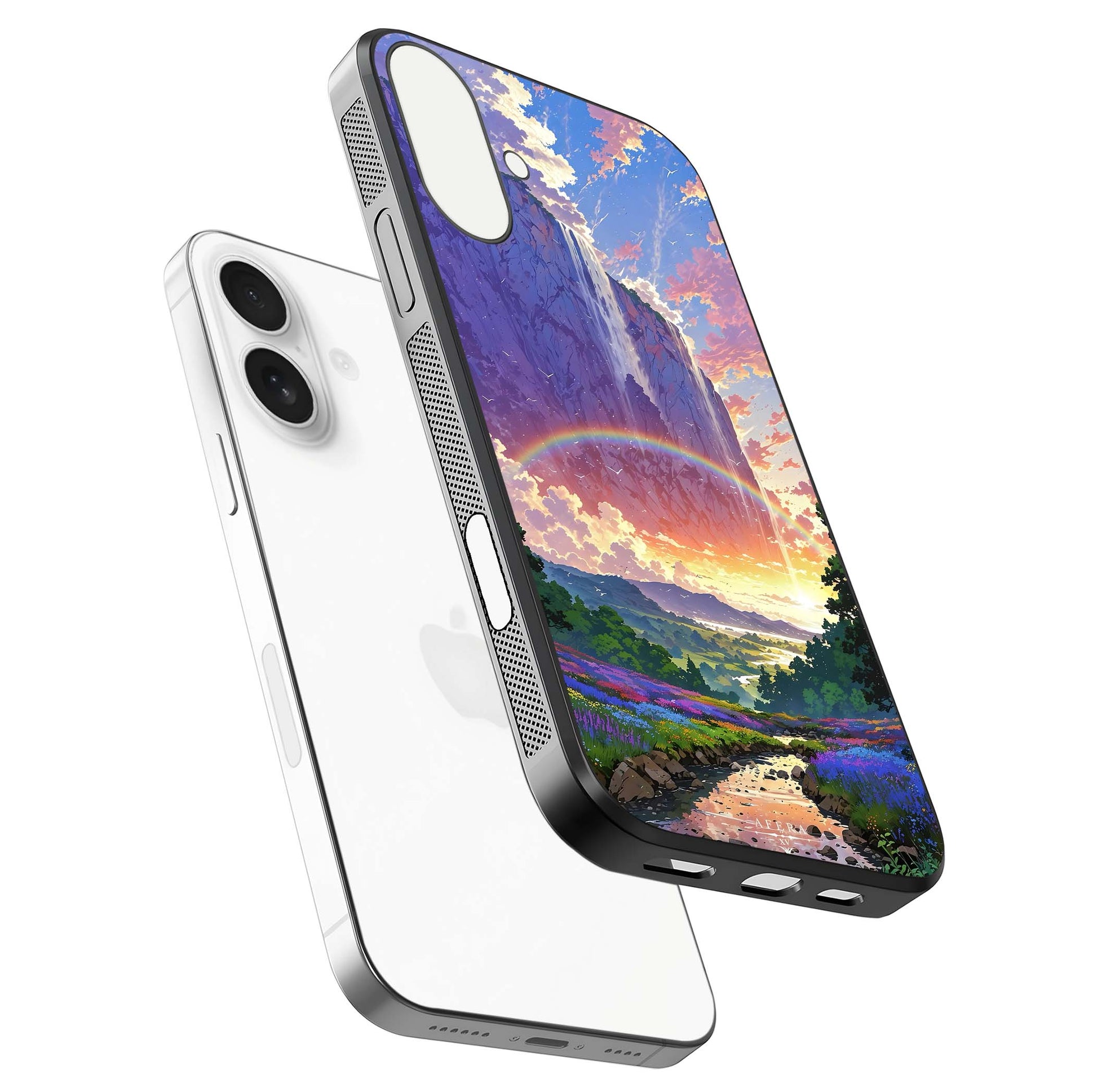 Rainbow Valley Dream Glass Case for iPhone 17 floating dual-view mockup showing gloss texture and dream vibe