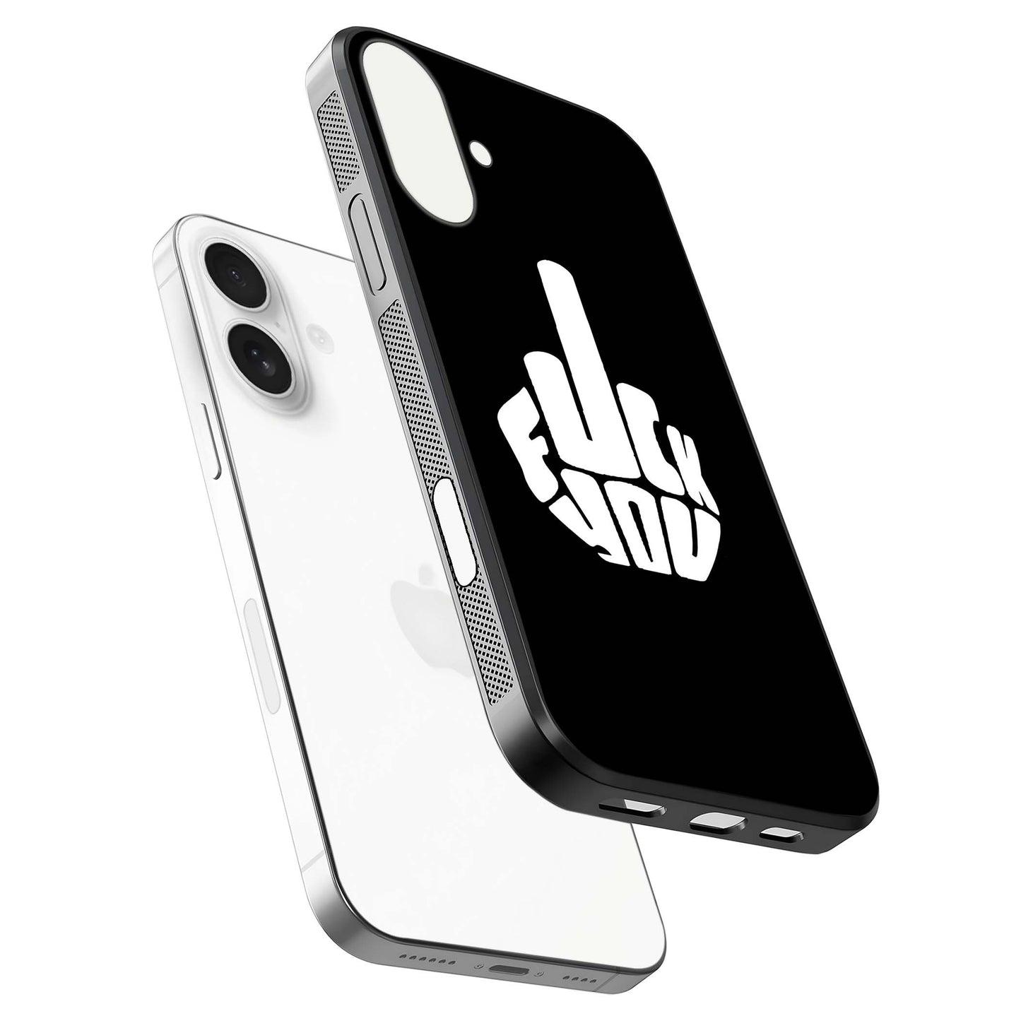 Rebel Mode On Glass Case for iPhone 17 floating dual-view mockup displaying gloss shine and statement art