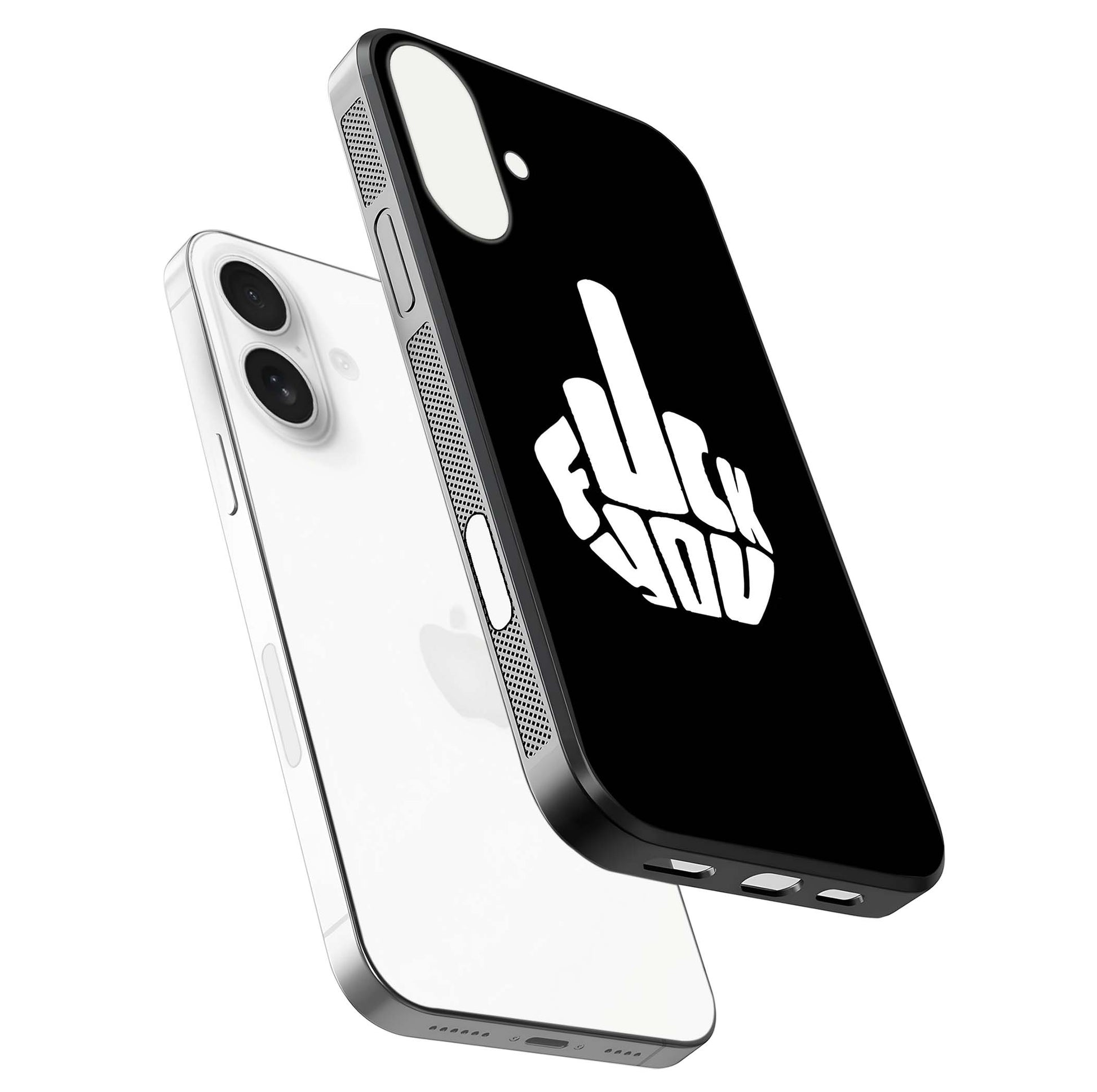 Rebel Mode On Glass Case for iPhone 17 floating dual-view mockup displaying gloss shine and statement art