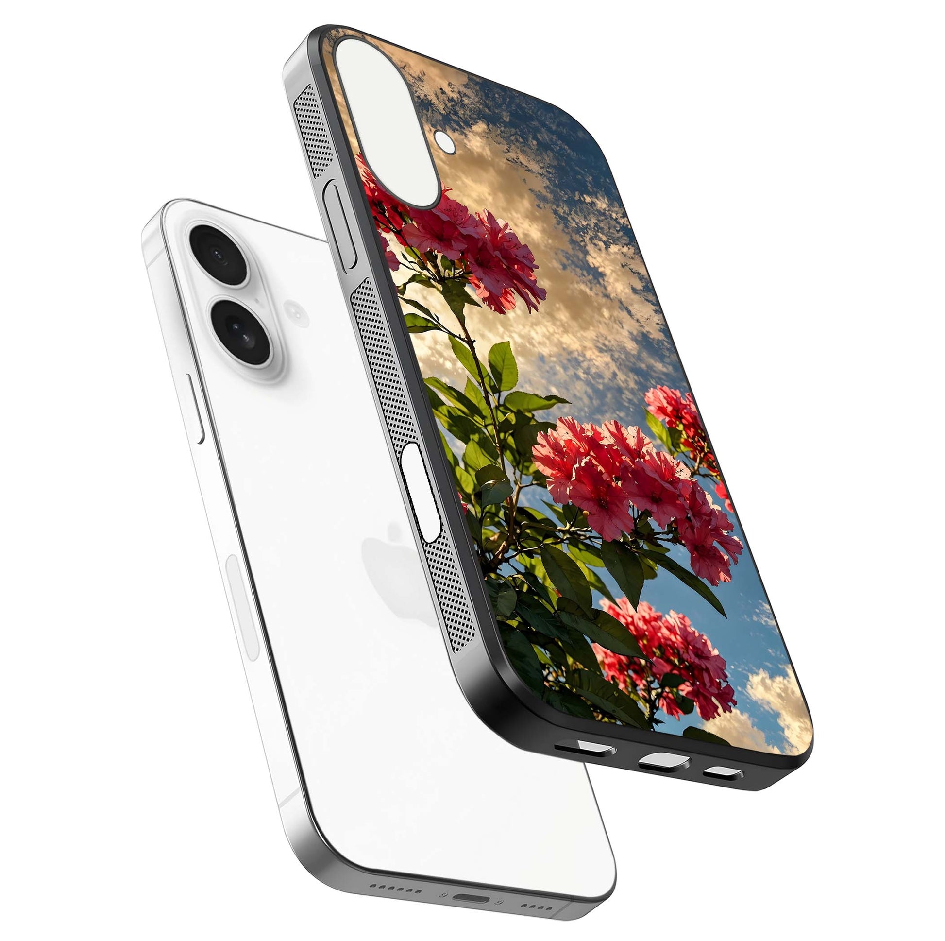 Red Bloom Skies Glass Case for iPhone 17 floating dual-view mockup showing glass gloss and floral pattern