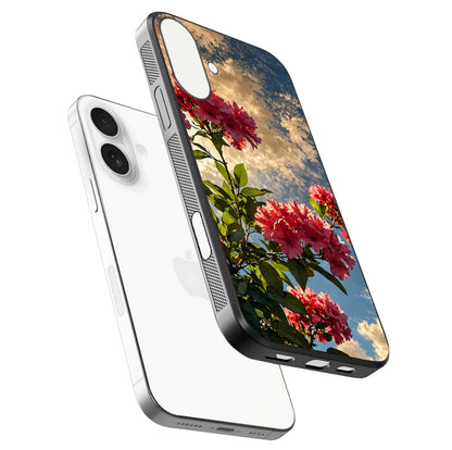 Red Bloom Skies Glass Case for iPhone 17 floating dual-view mockup showing glass gloss and floral pattern