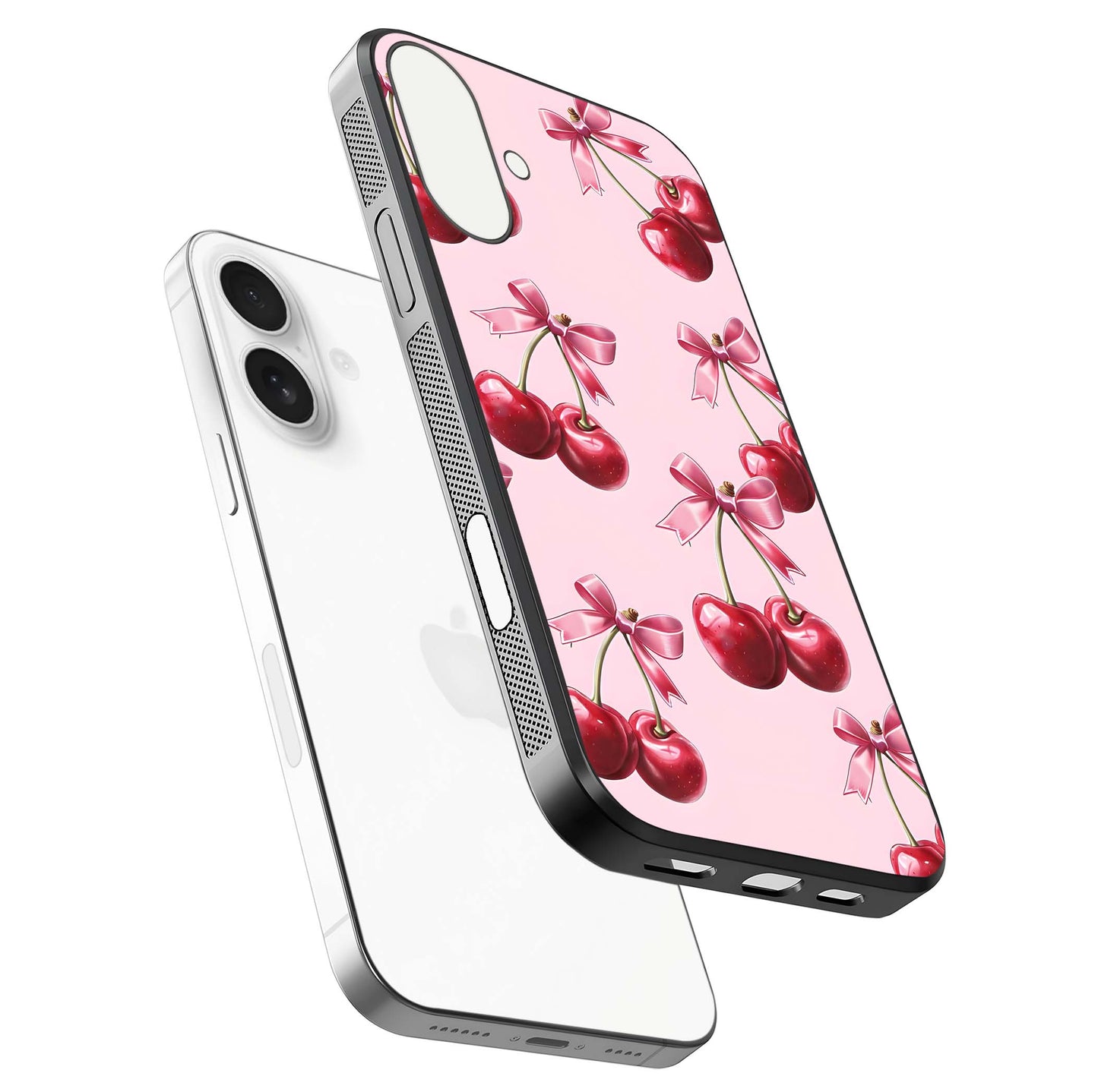 Red Cherries Pattern Glass Case for iPhone 17 floating dual-view mockup showing gloss and color contrast