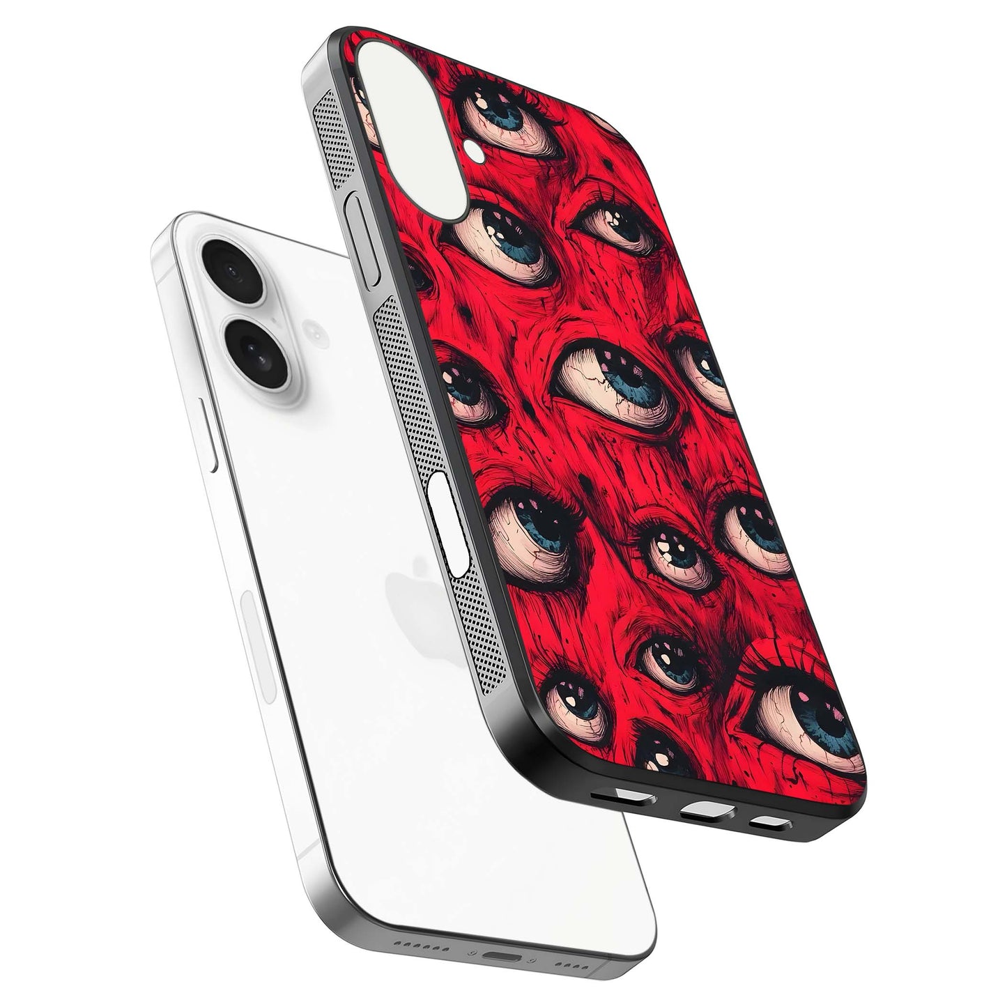 Red Eyes Pattern Glass Case for iPhone 17 floating dual-view mockup displaying reflection and gloss texture