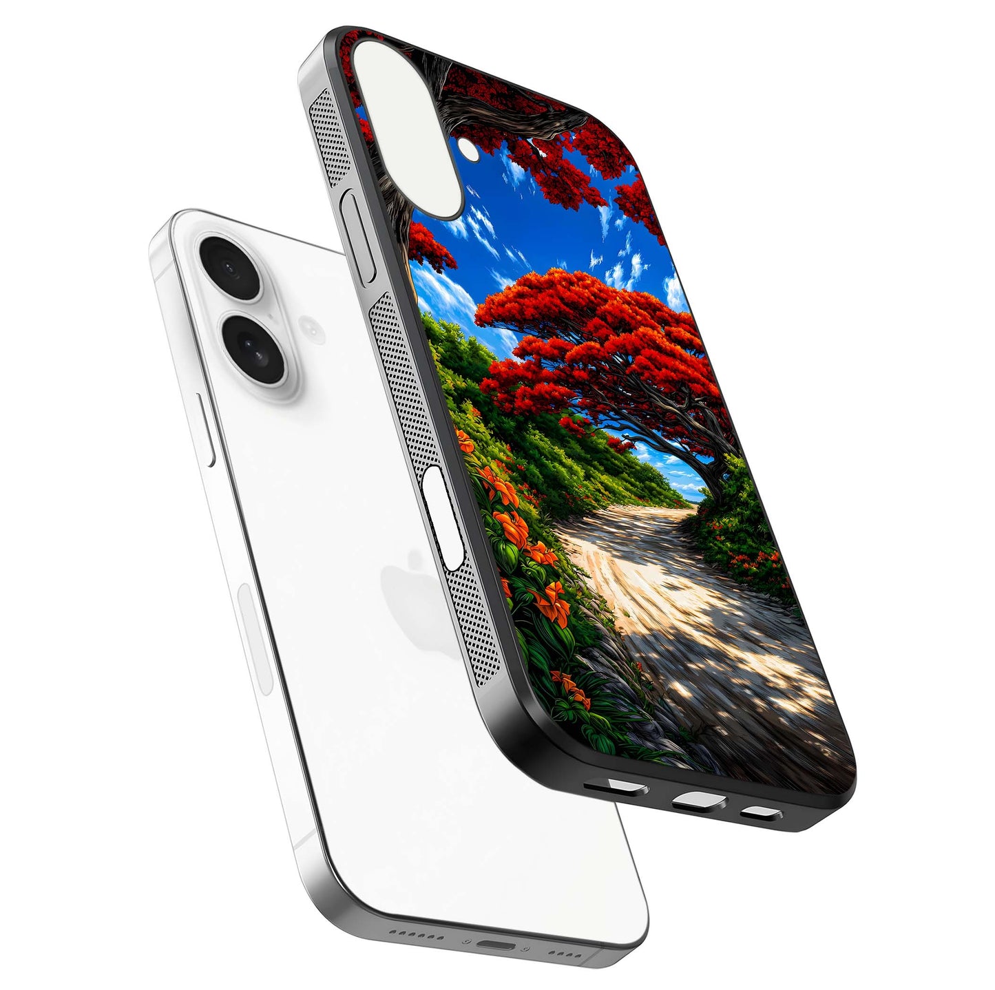 Red Trees Pathway Glass Case for iPhone 17 floating dual-view mockup displaying gloss texture and print depth