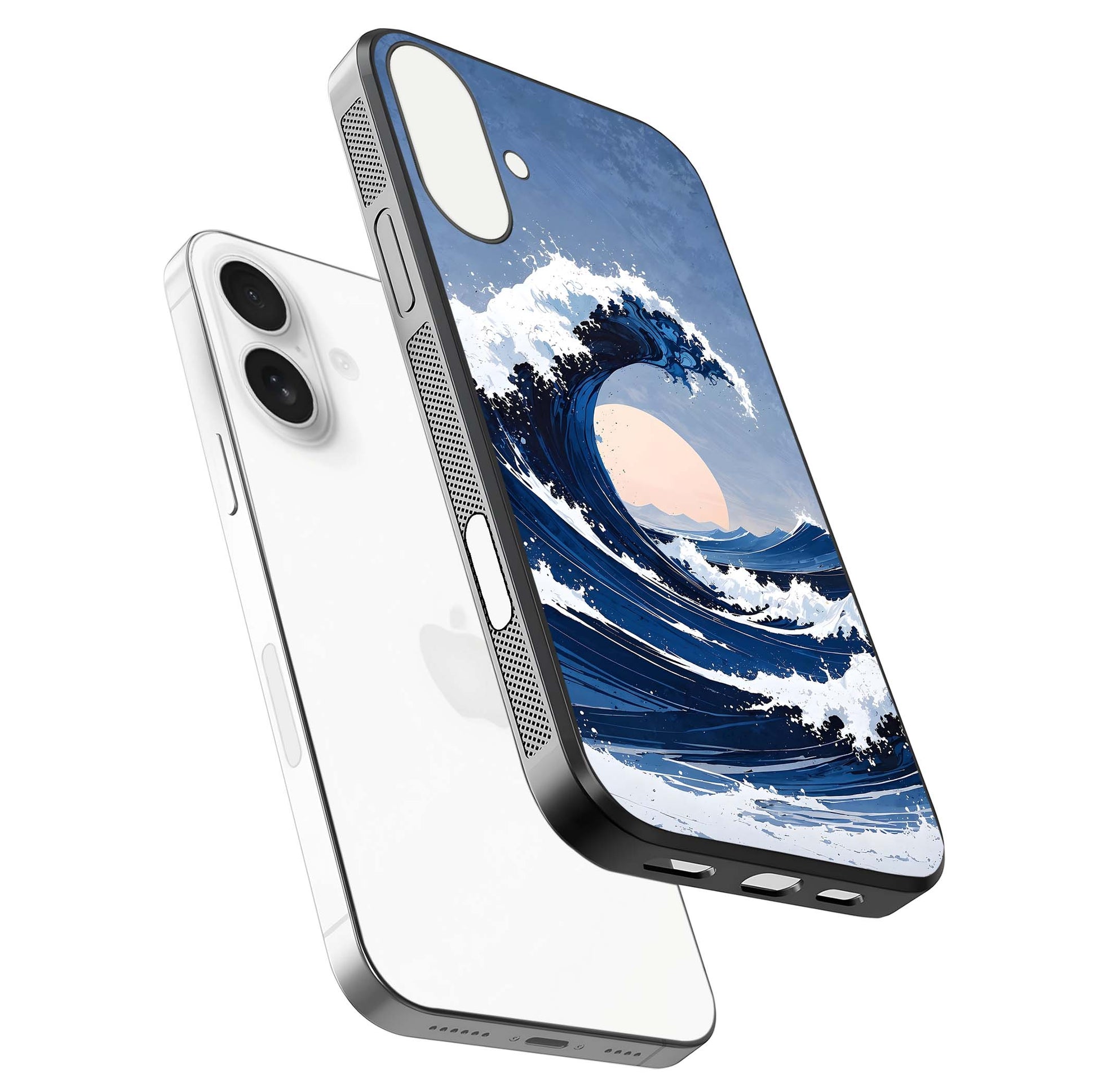 Rising Tide Power Glass Case for iPhone 17 floating dual-view mockup displaying gloss texture and flow pattern