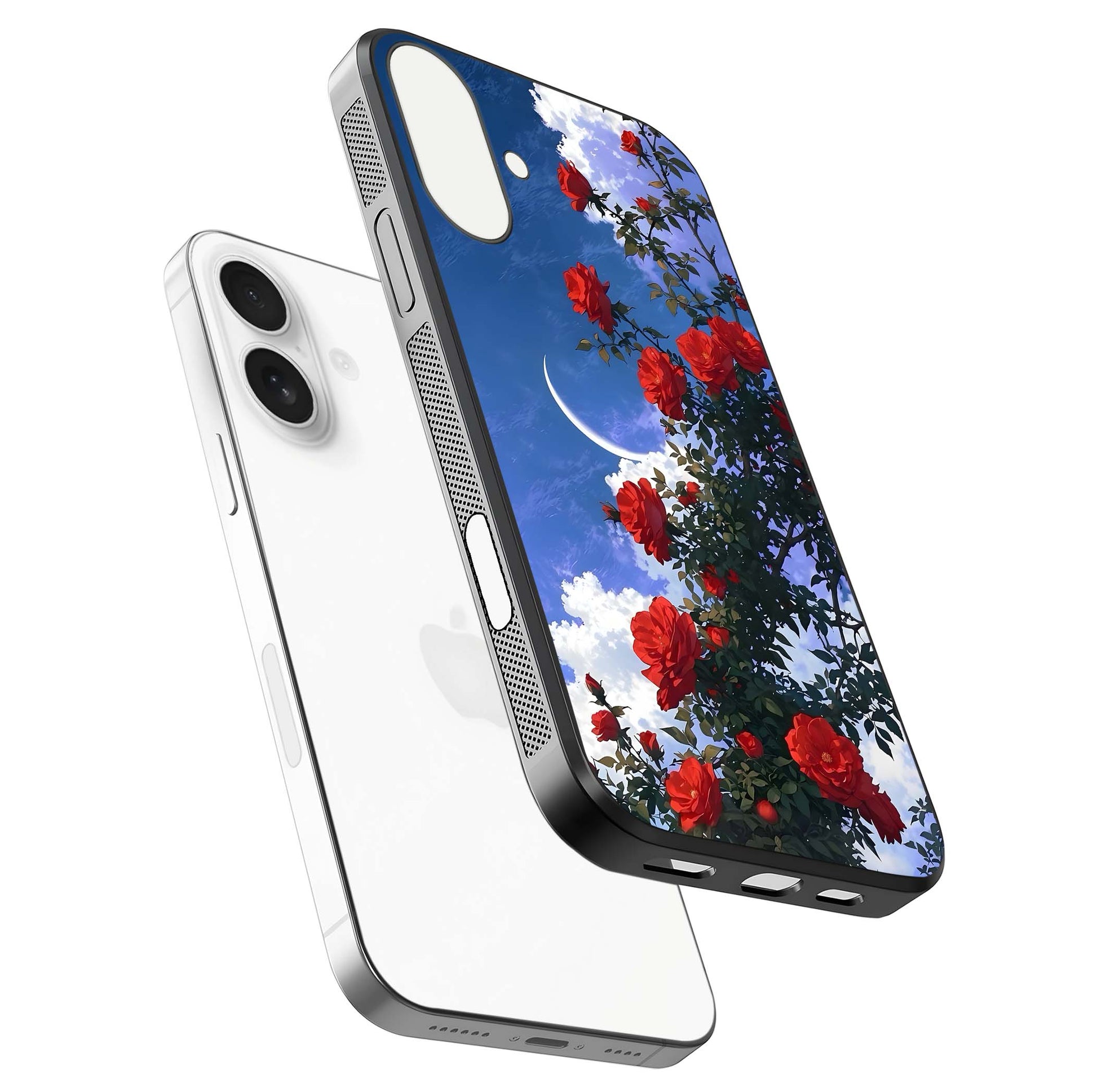 Rose Drift Flowers Glass Case for iPhone 17 floating dual-view mockup showing gloss shine and floral tone