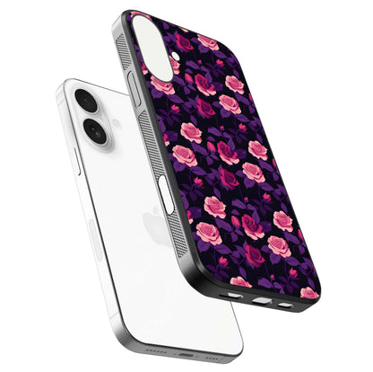 Rose Garden Twilight Glass Case for iPhone 17 floating dual-view mockup displaying gloss surface and depth