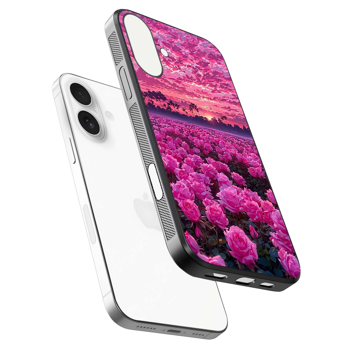 Rose Sunset Valley Glass Case for iPhone 17 floating dual-view mockup showing gloss reflection and art depth