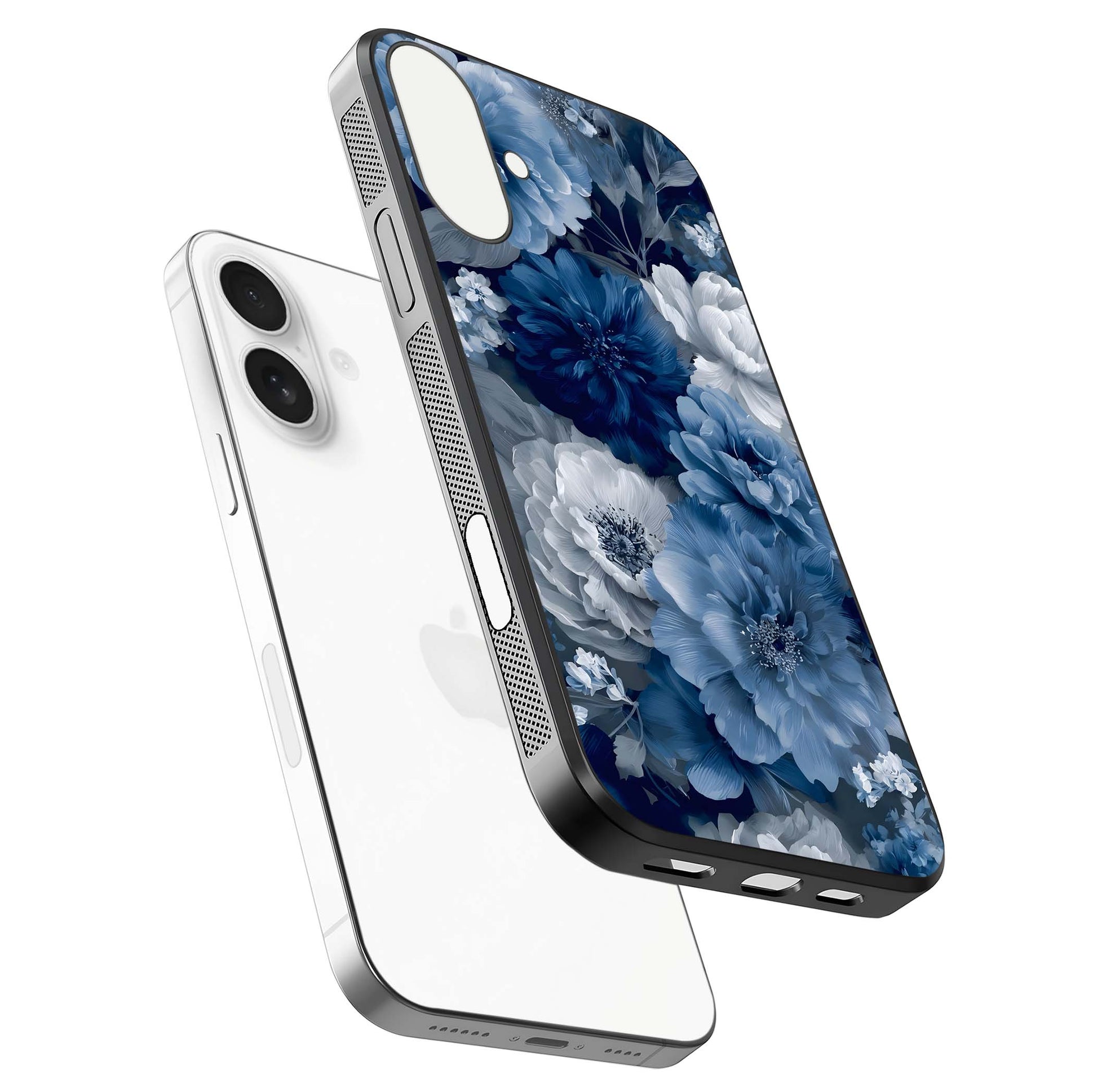 Royal Bloom Garden Glass Case for iPhone 17 floating dual-view mockup displaying gloss and print clarity