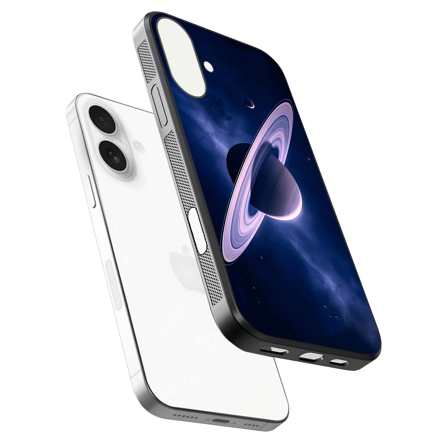 Saturn Ring Mystique Glass Case for iPhone 17 floating dual-view mockup showing gloss finish and star detail