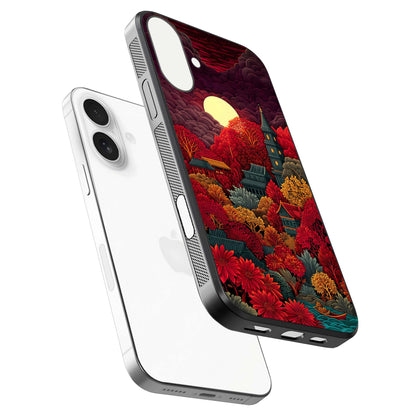 Scarlet Autumn Temple Glass Case for iPhone 17 floating dual-view mockup displaying gloss shine and autumn tones