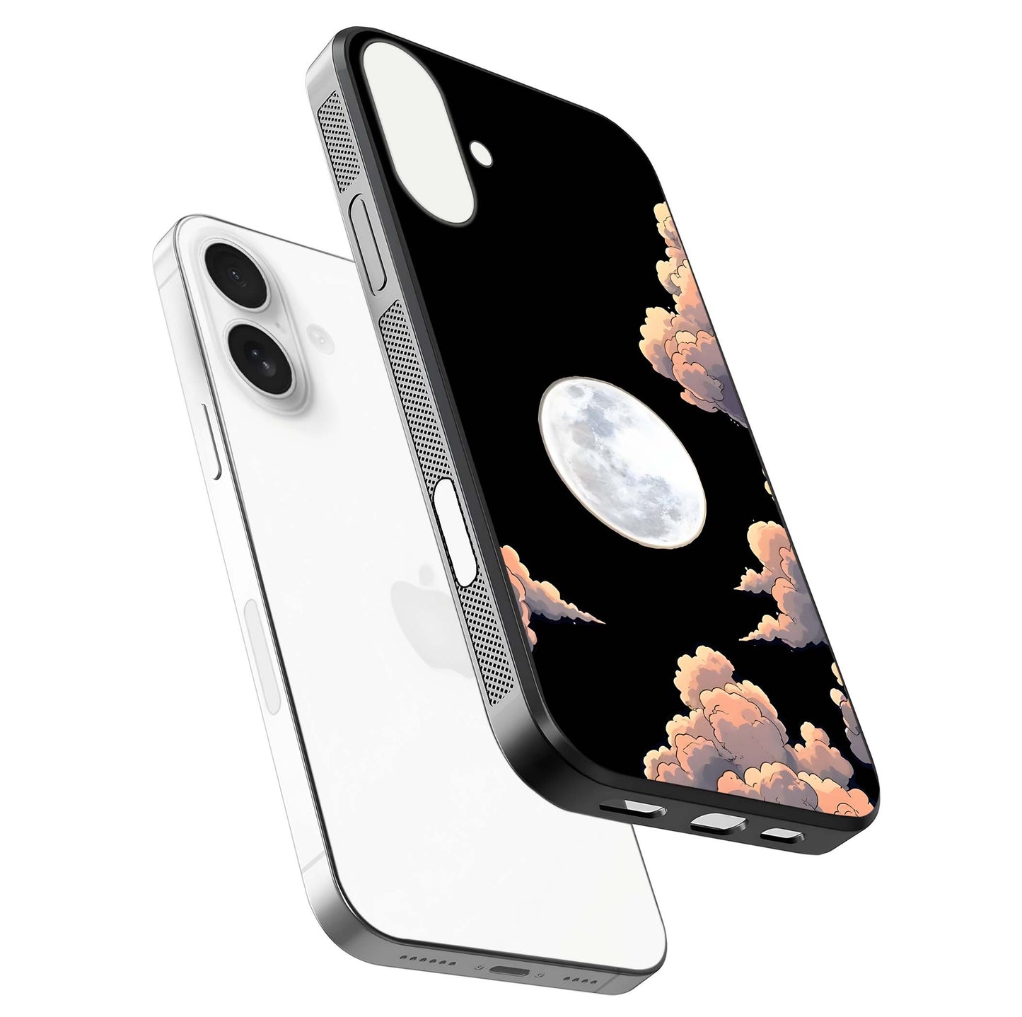 Shade Cloud Moon Glass Case for iPhone 17 floating dual-view mockup showing gloss and celestial texture