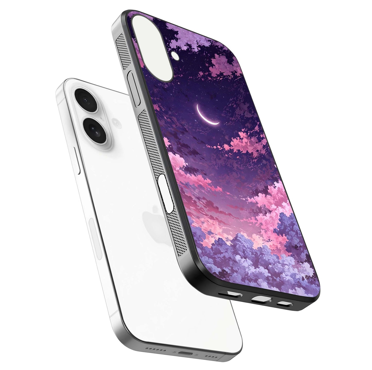 Sky Drift Clouds Glass Case for iPhone 17 floating dual-view mockup displaying gloss shine and depth