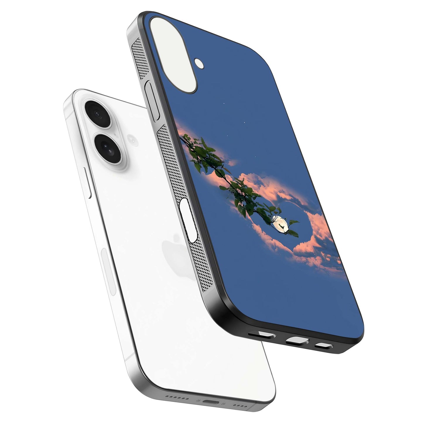 Sky Under Tree Glass Case for iPhone 17 floating dual-view mockup displaying gloss reflection and landscape tone