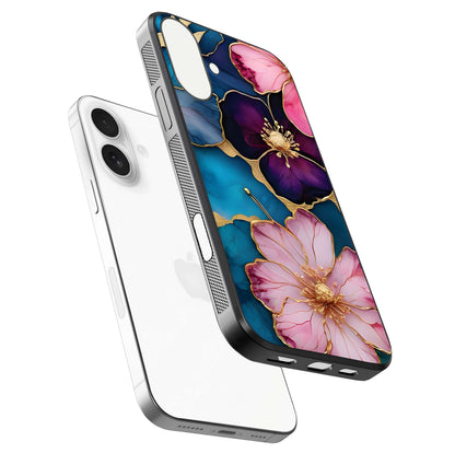 Sparkle Floral Glass Case for iPhone 17 floating dual-view mockup displaying gloss surface and sparkle effect