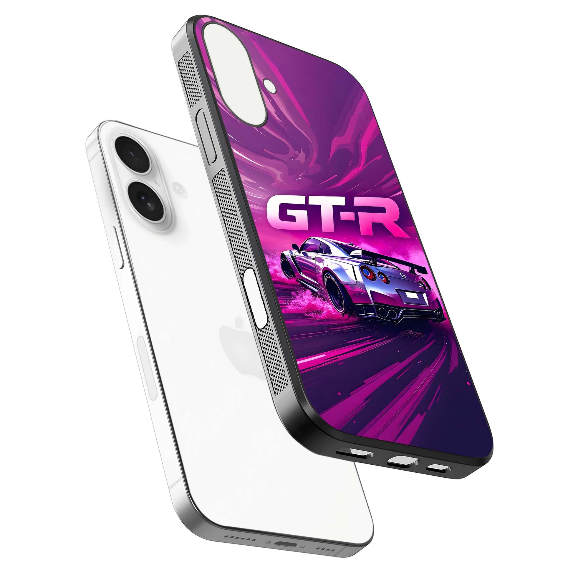 Speed Drift Legend Glass Case for iPhone 17 floating dual-view mockup displaying gloss shine and motion effect
