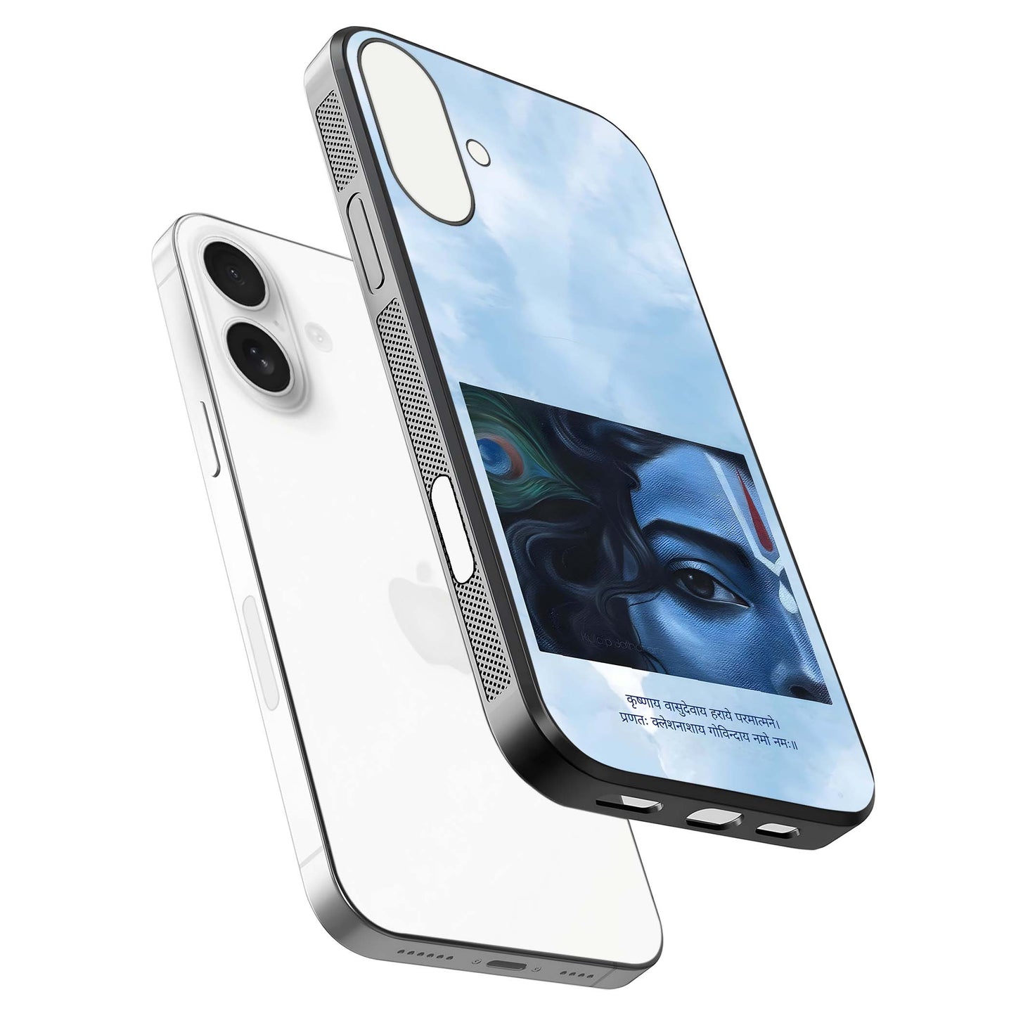 Spiritual Krishna Glass Case for iPhone 17 floating dual-view mockup displaying gloss shine and divine detail