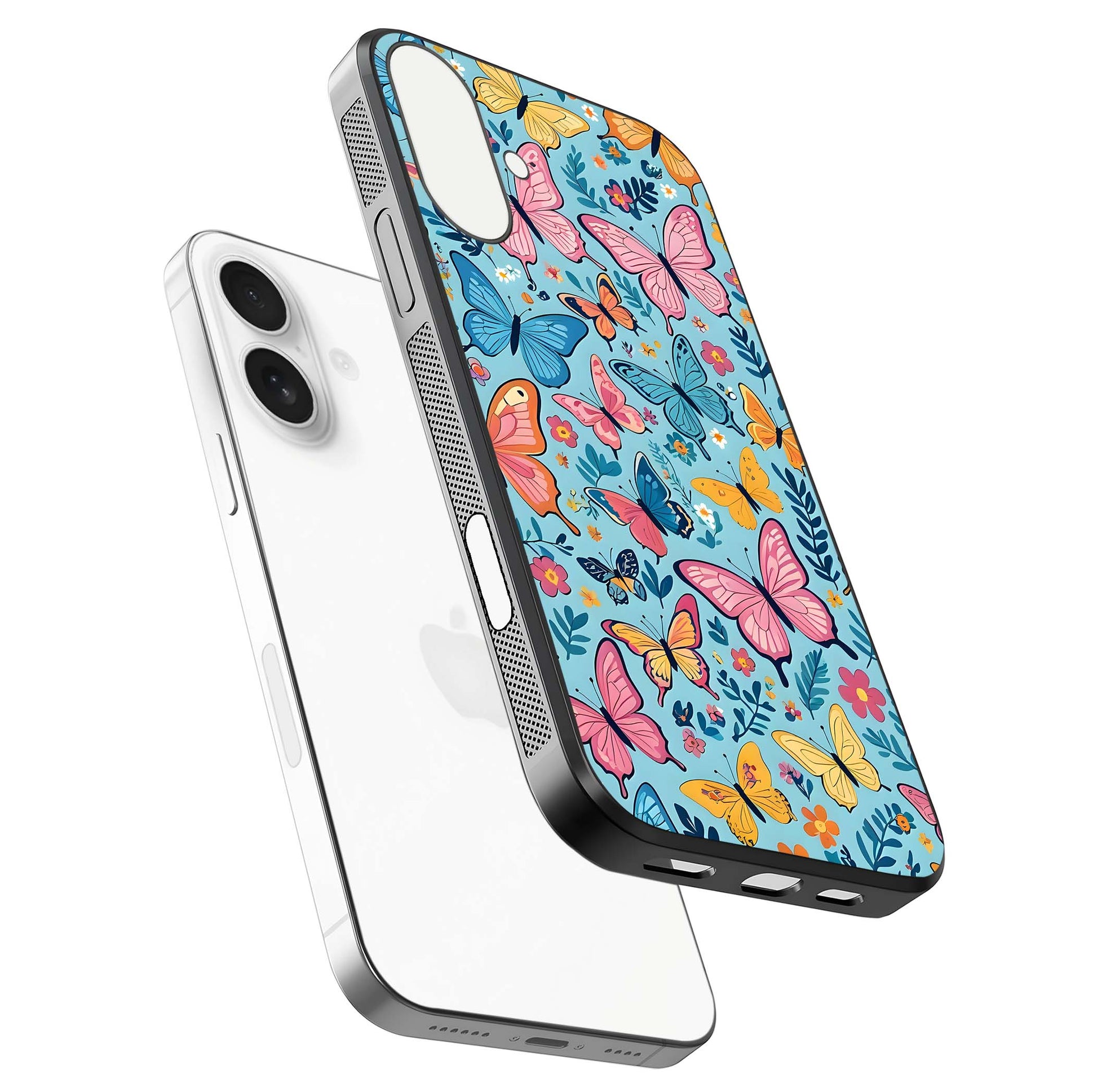 Spring Wing Garden Glass Case for iPhone 17 floating dual-view mockup showing gloss texture and vivid print