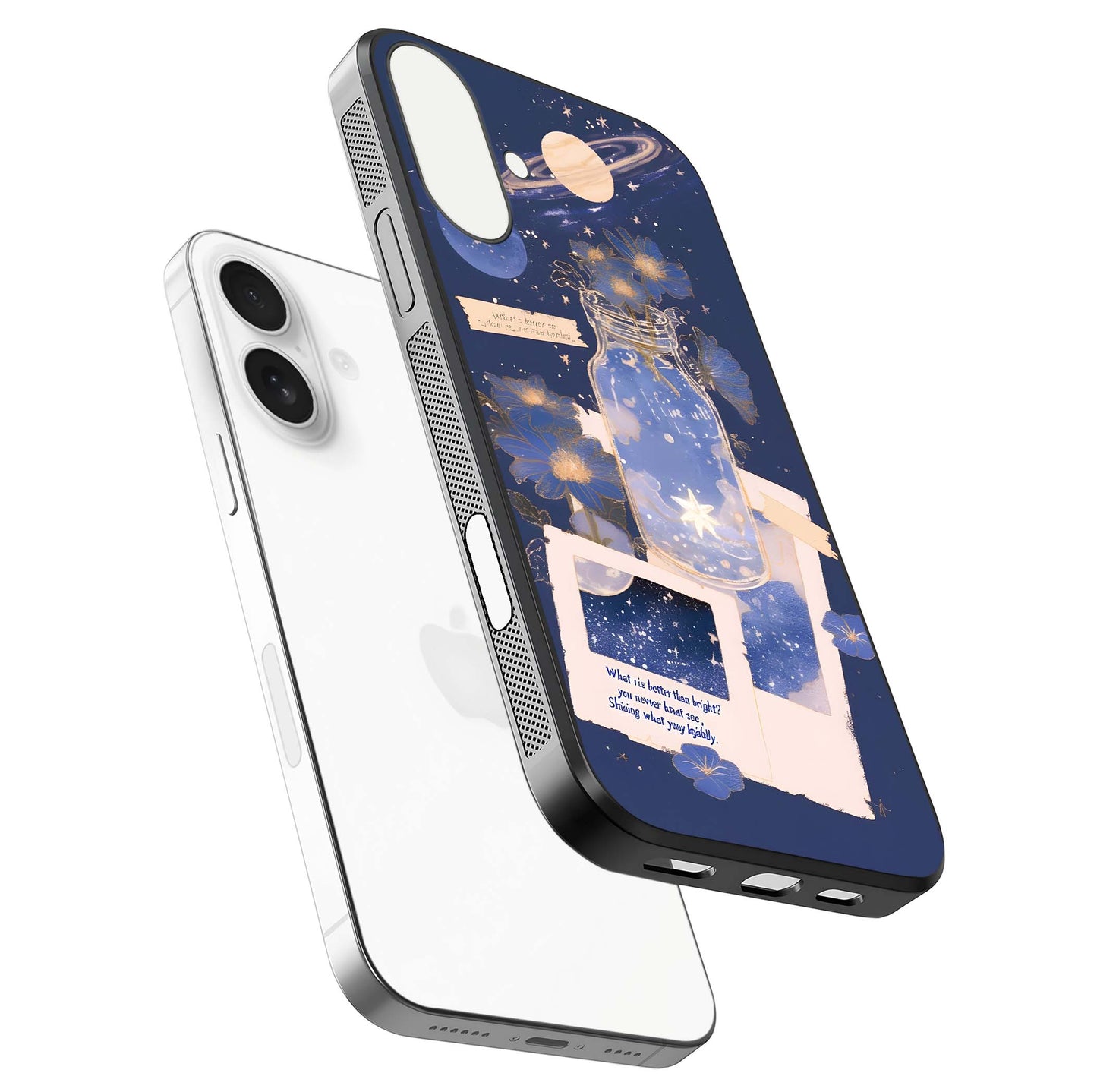 Starlit Cosmic Jar Glass Case for iPhone 17 floating dual-view mockup displaying gloss and starry depth