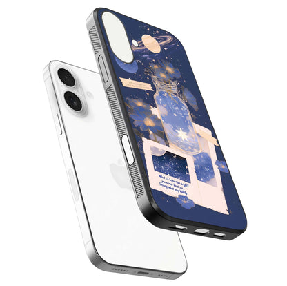 Starlit Cosmic Jar Glass Case for iPhone 17 floating dual-view mockup displaying gloss and starry depth