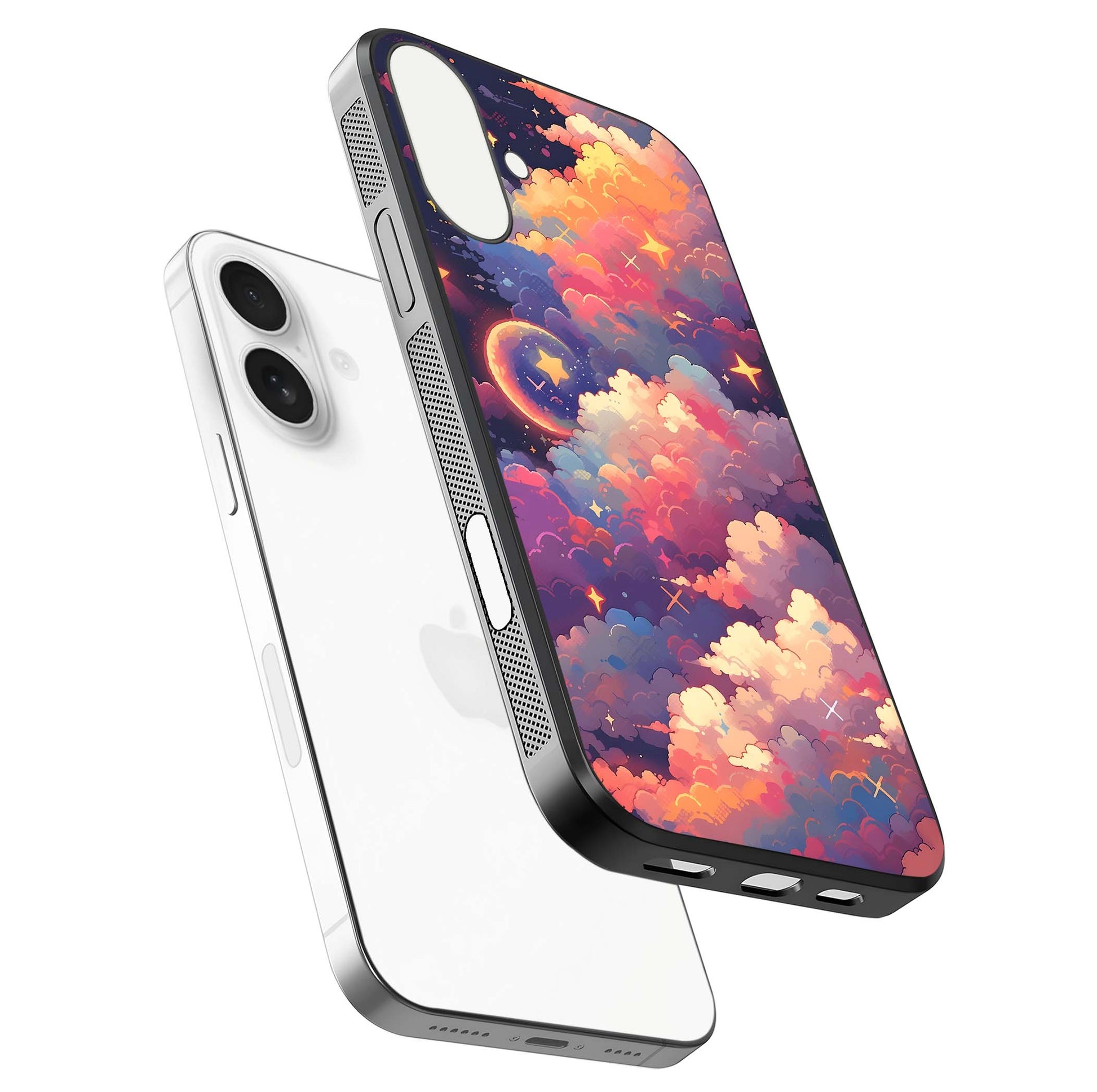 Starlit Dream Clouds Glass Case for iPhone 17 floating dual-view mockup displaying gloss and soft light detail