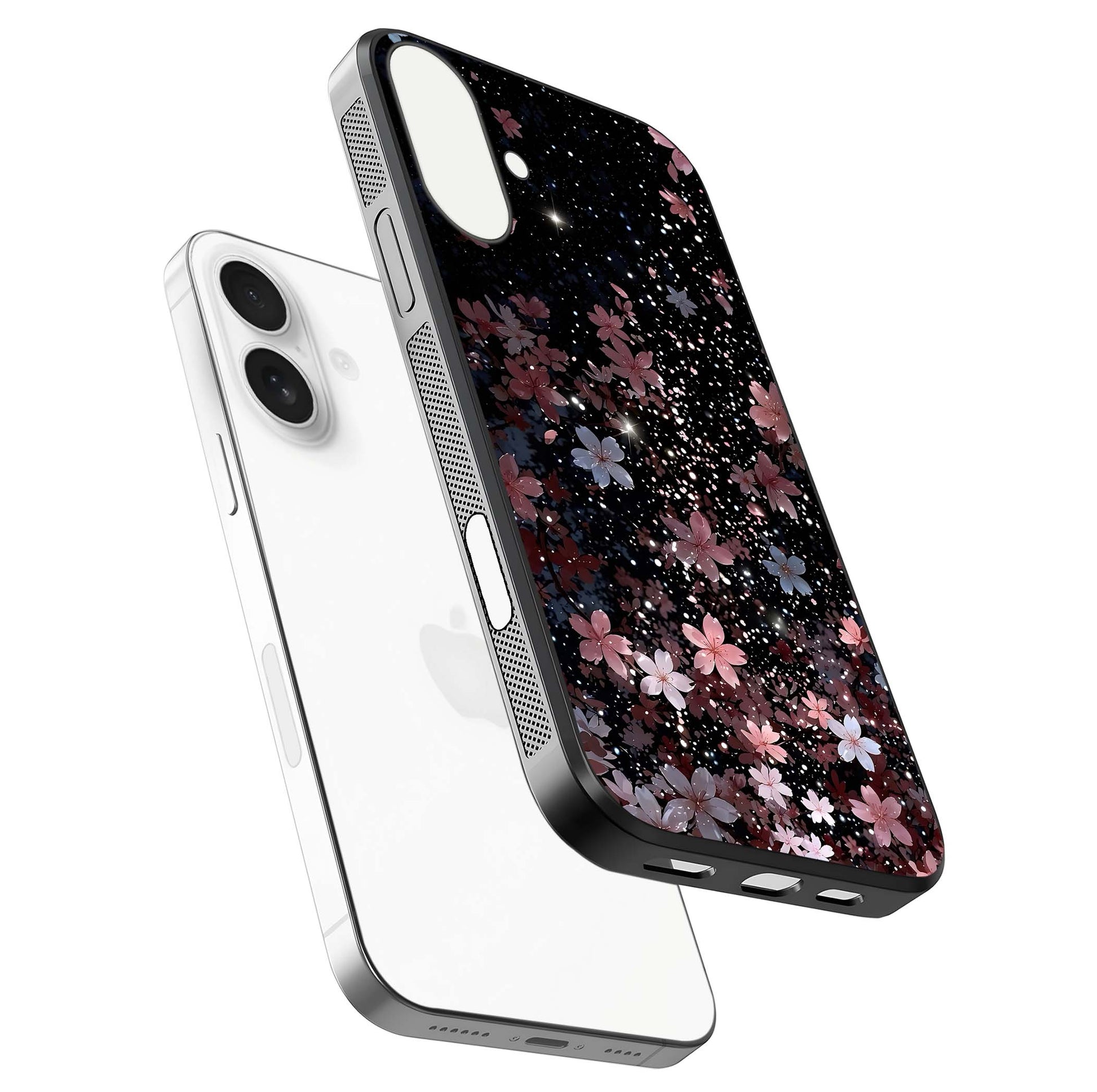 Starlit Flower Dreams Glass Case for iPhone 17 floating dual-view mockup displaying gloss and print clarity