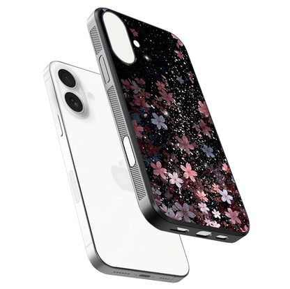 Starlit Flower Dreams Glass Case for iPhone 17 floating dual-view mockup displaying gloss and print clarity