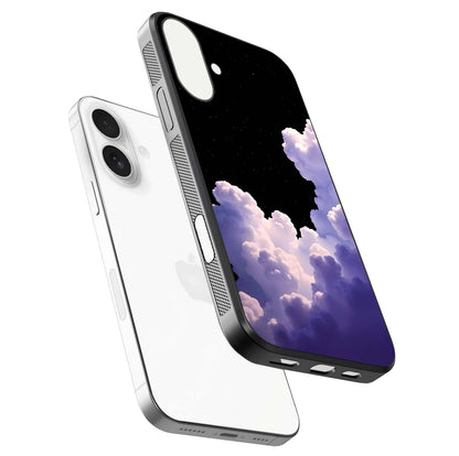 Starlit Night Whispers Glass Case for iPhone 17 floating dual-view mockup displaying gloss surface and depth