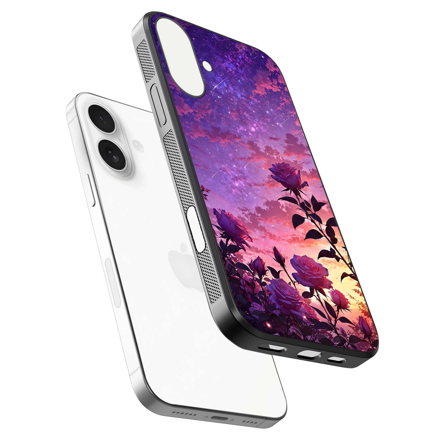 Starlit Rose Twilight Glass Case for iPhone 17 floating dual-view mockup displaying gloss shine and depth