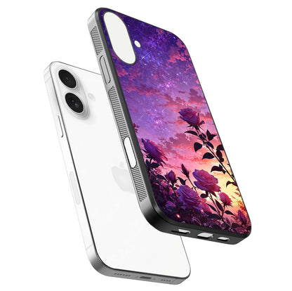 Starlit Rose Twilight Glass Case for iPhone 17 floating dual-view mockup displaying gloss shine and depth