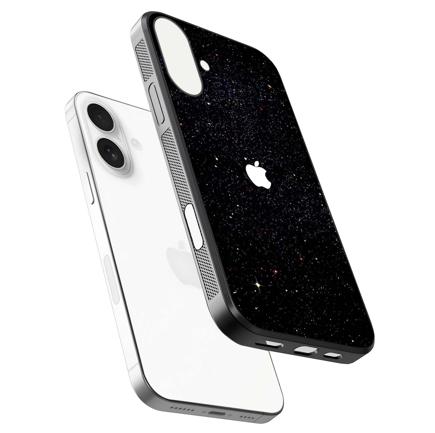 Starry Apple Galaxy Glass Case for iPhone 17 floating dual-view mockup displaying reflection and shine