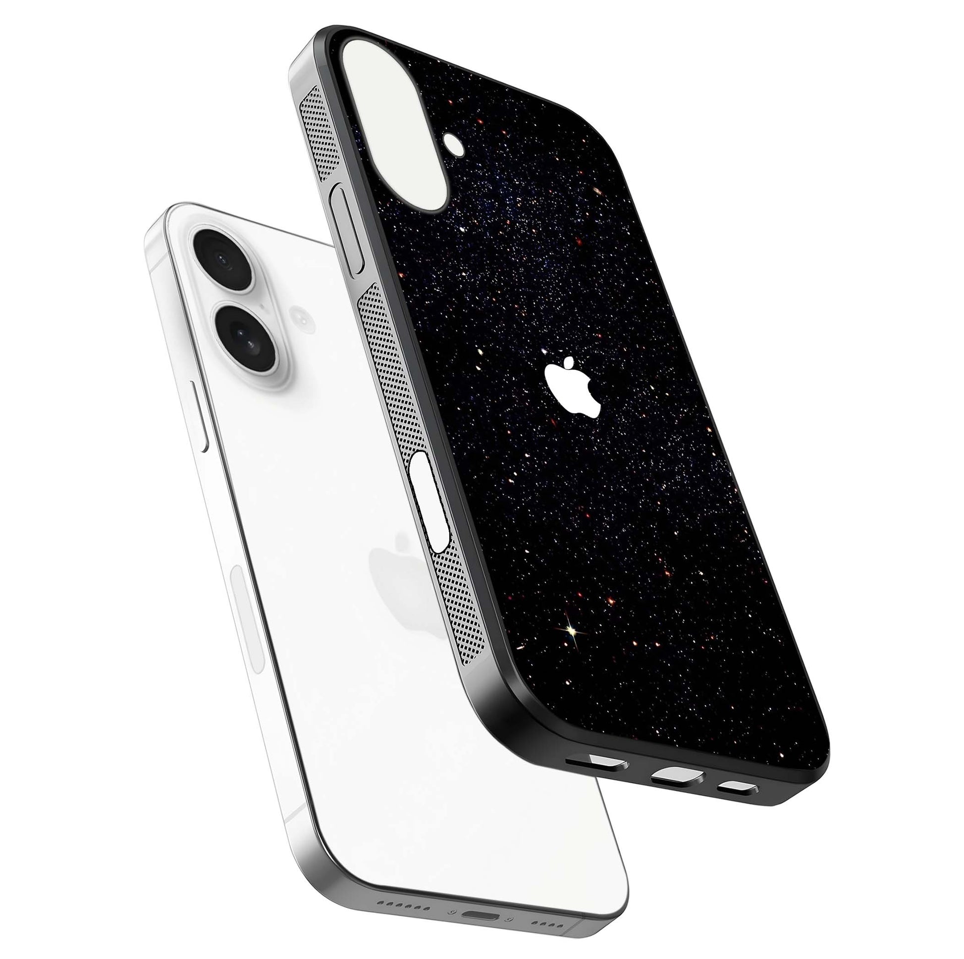 Starry Apple Galaxy Glass Case for iPhone 17 floating dual-view mockup displaying reflection and shine