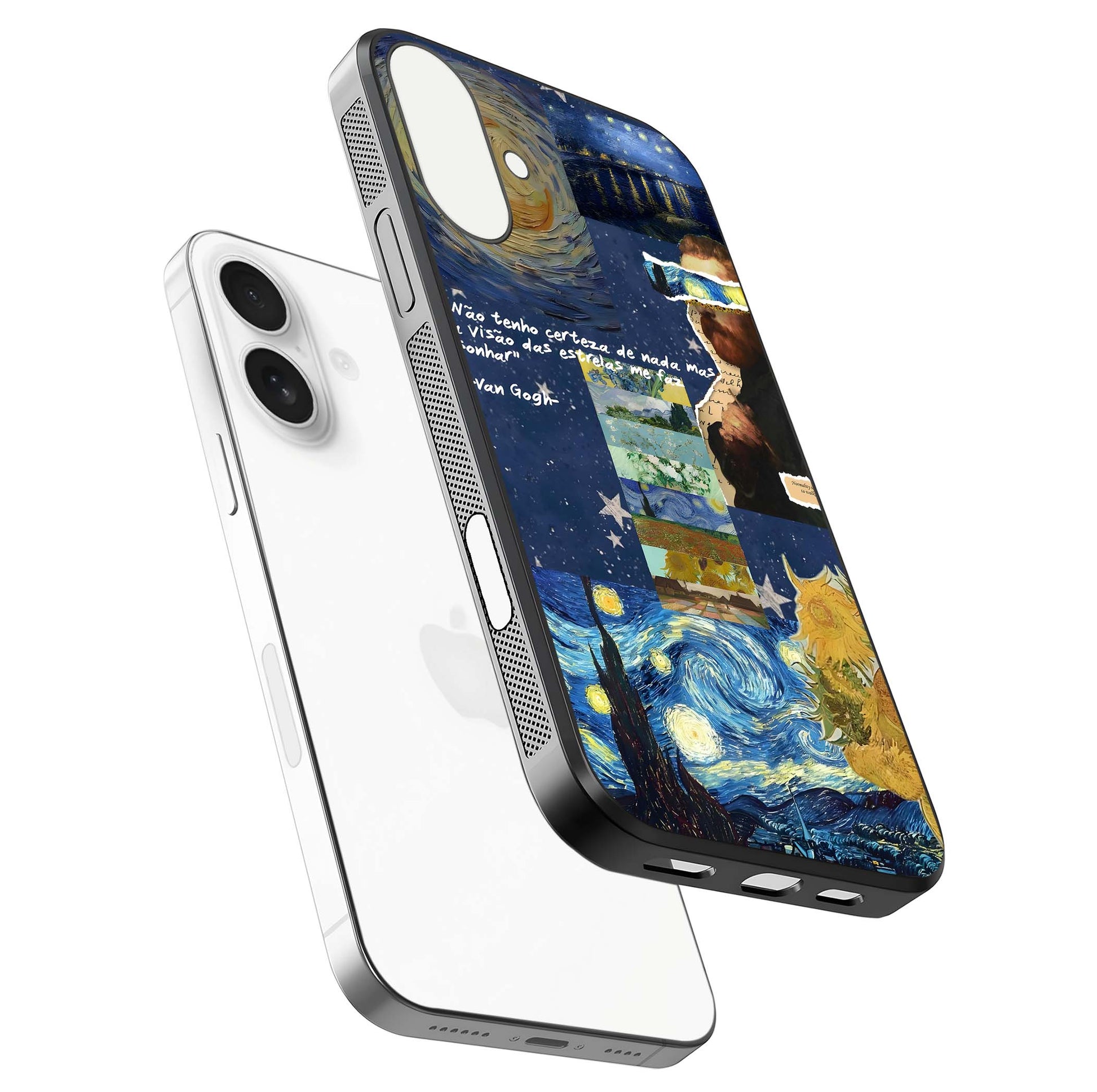 Starry Dream Vision Glass Case for iPhone 17 floating dual-view mockup displaying gloss surface and clarity