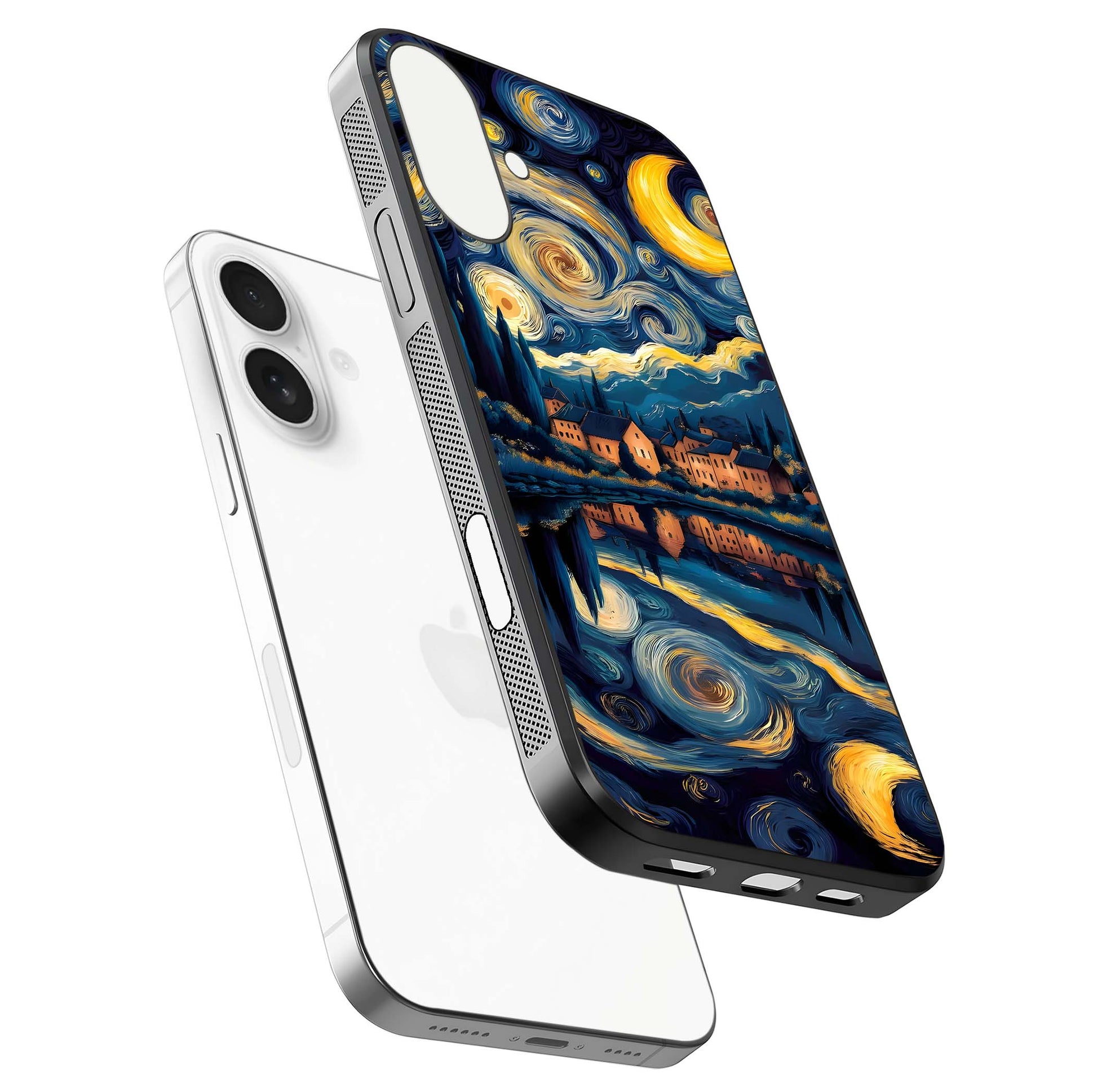 Starry Sky Serenity Glass Case for iPhone 17 floating dual-view mockup displaying gloss texture and shine