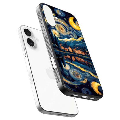 Starry Sky Serenity Glass Case for iPhone 17 floating dual-view mockup displaying gloss texture and shine