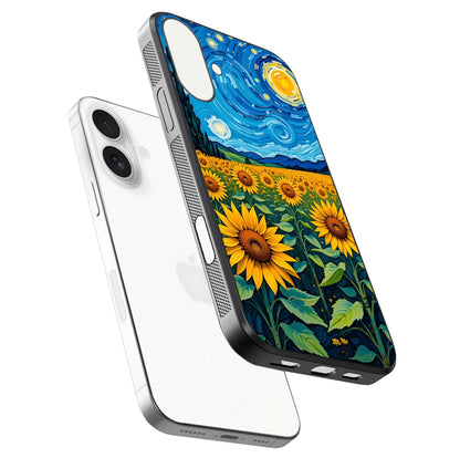 Starry Sunflower Dreams Glass Case for iPhone 17 floating dual-view mockup displaying gloss and vivid print