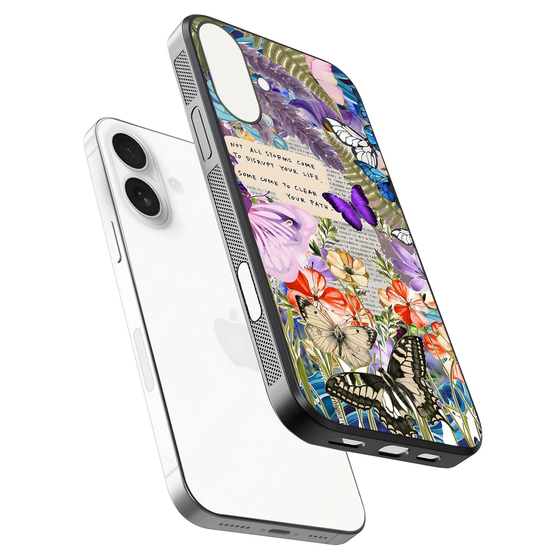 Storm Path Bloom Glass Case for iPhone 17 floating dual-view mockup displaying gloss and pattern depth