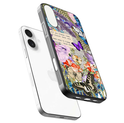 Storm Path Bloom Glass Case for iPhone 17 floating dual-view mockup displaying gloss and pattern depth